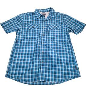 Eddie Bauer Men’s L Blue Plaid Hiking Fishing Shirt S/S Mesh Vent Zipper Pocket